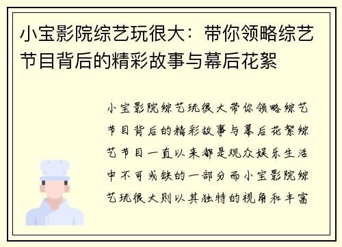 小宝影院综艺玩很大：带你领略综艺节目背后的精彩故事与幕后花絮